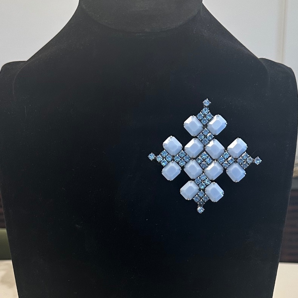 DANNY POLLAK - Pale Blue Milk Glass & Light Sapphire Crystal Geometric Brooch - Picture 2 of 11